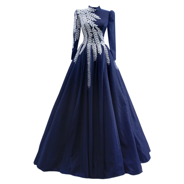 Vintage / Retro Navy Blue Lace Flower Prom Dresses 2022 A-Line / Princess High Neck Long Sleeve Floor-Length / Long Formal Dresses