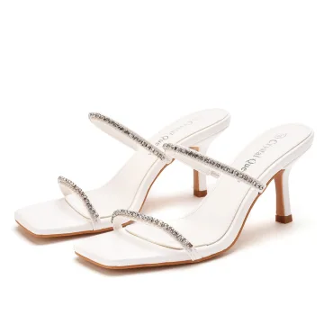 Sexy Blanche Faux Diamant Cocktail Sandales Femme 2022 7 Cm Talons Aiguilles Peep Toes Bout Ouvert Sandales Talons Hauts