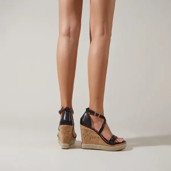 Vintage / Retro Summer Black Street Wear Waterproof Womens Sandals 2023 Ankle Strap 11 cm Wedges Open / Peep Toe Sandals