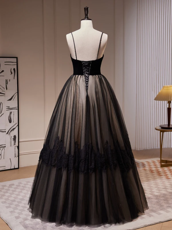 Charming Black Lace Prom Dresses 2023 A-Line / Princess Spaghetti Straps Sleeveless Backless Floor-Length / Long Prom Formal Dresses