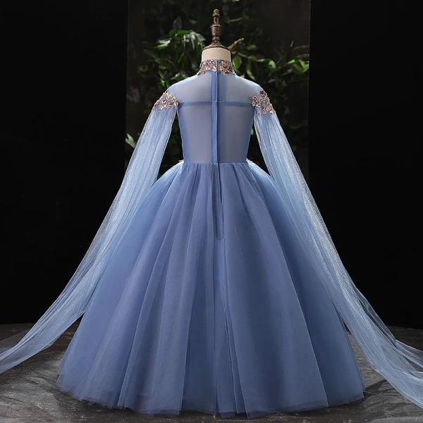 Chic / Beautiful Ocean Blue Beading Sequins Prom Flower Girl Dresses 2022 Ball Gown High Neck Long Sleeve Floor-Length / Long Flower Girl Dresses
