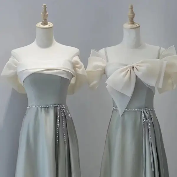 Modest / Simple Grey Satin Bridesmaid Dresses 2022 A-Line / Princess Spaghetti Straps Short Sleeve Pearl Sash Backless Tea-length Bridesmaid Dresses