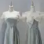 Modest / Simple Grey Satin Bridesmaid Dresses 2022 A-Line / Princess Spaghetti Straps Short Sleeve Pearl Sash Backless Tea-length Bridesmaid Dresses
