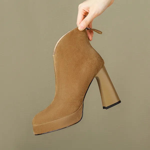 Piękne Brązowy Spadek Zima Przypadkowy Zamszowe Kozaki Damskie 2024 Skórzany 10 cm Blokowe Obcasy Szpiczaste Boots