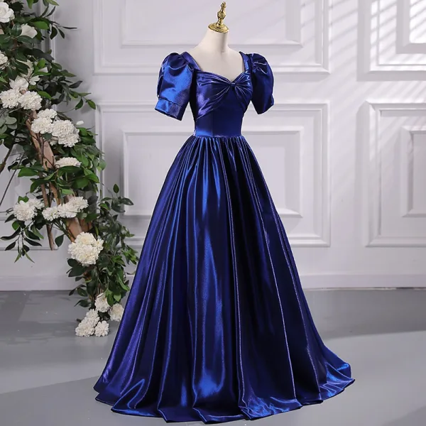Vintage Retro Royal Blue Satin Prom Dresses 2024 Ball Gown Square Neckline Short Sleeve
