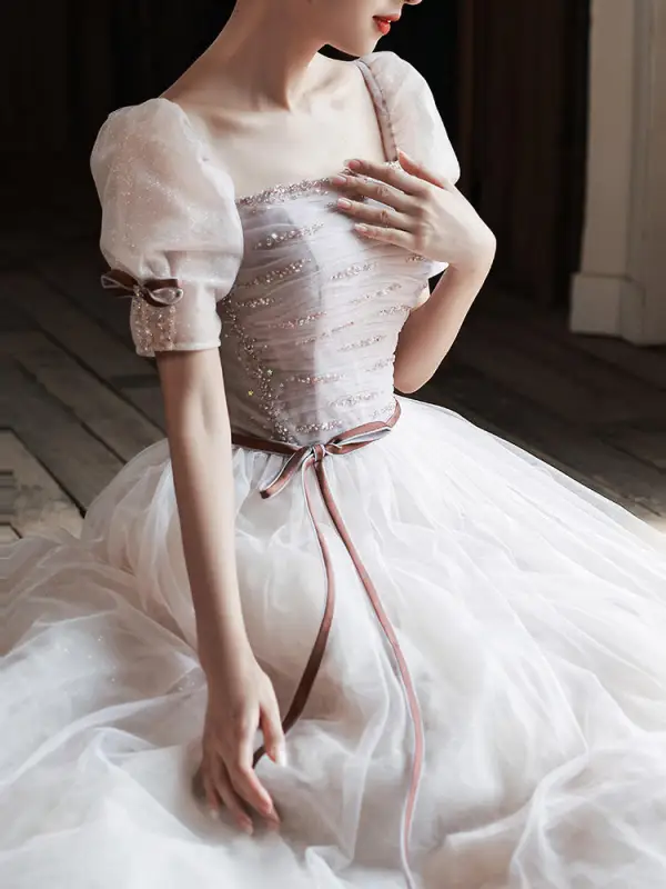 Chic / Belle Rougissant Rose Paillettes Robe De Bal 2022 Princesse Encolure Carrée Gonflée Manches Courtes Dos Nu Noeud Ceinture Longue Promo Robe De Ceremonie