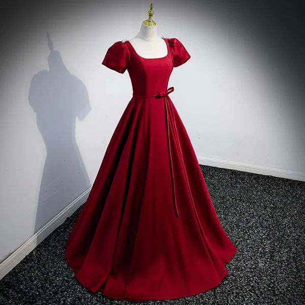 Elegant Burgundy Satin Prom Dresses 2022 A-Line / Princess U-Neck Short Sleeve Backless Bow Sash Floor-Length / Long Formal Dresses