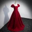 Elegant Burgundy Satin Prom Dresses 2022 A-Line / Princess U-Neck Short Sleeve Backless Bow Sash Floor-Length / Long Formal Dresses
