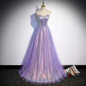 Scintillantes Lavande Perlage Perle Paillettes Robe De Soirée 2022 Princesse Bustier Sans Manches Dos Nu Longue Soirée Robe De Ceremonie