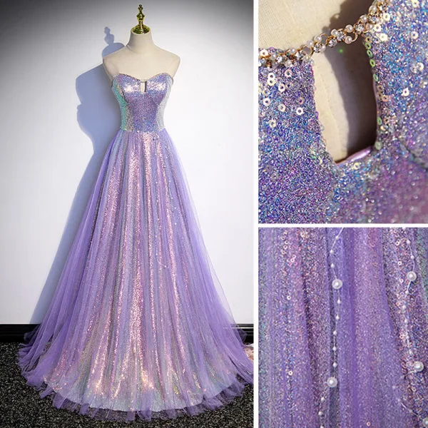 Sparkly Lavender Beading Pearl Sequins Evening Dresses 2022 A-Line / Princess Strapless Sleeveless Backless Floor-Length / Long Evening Party Formal Dresses