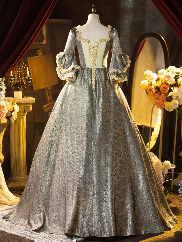 Medieval Grey Glitter Printing Bow Cosplay Lolita Prom Dresses 2024 Ball Gown Square Neckline Short Sleeve Backless Floor-Length / Long Formal Dresses