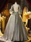 Medieval Grey Glitter Printing Bow Cosplay Lolita Prom Dresses 2024 Ball Gown Square Neckline Short Sleeve Backless Floor-Length / Long Formal Dresses