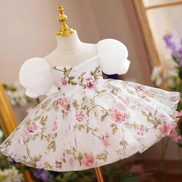 Chic / Belle Blanche Impression Anniversaire Courte Robe Ceremonie Fille 2022 Robe Boule Encolure Carrée Gonflée Manches Courtes Dos Nu Noeud Robe Ceremonie Fille