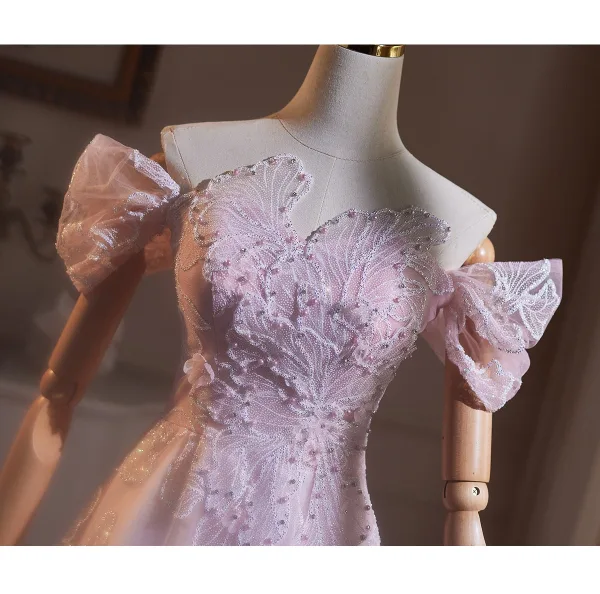 Uroczy Rumieniąc Różowy Frezowanie Perła Rhinestone Sukienki Na Bal 2026 Princessa Przy Ramieniu Kótkie Rękawy Bez Pleców