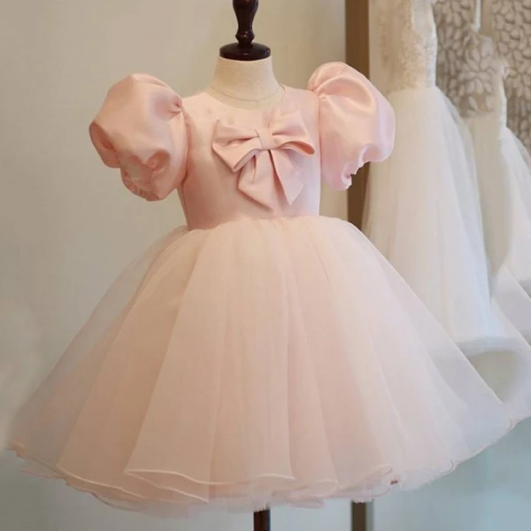 Lovely Candy Pink Short Birthday Flower Girl Dresses 2022 Ball Gown Scoop Neck Puffy Short Sleeve Bow Flower Girl Dresses