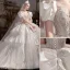 Lyx Elfenben Cascading Volanger Bröllopsklänningar 2022 Balklänning Urringning Pösigt Korta ärm Beading Pärla Rhinestone Paljetter Halterneck Rosett Royal Train Bröllop