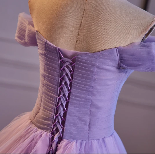 Schöne Lavendel Rüschen Ballkleider 2024 Ballkleid Off Shoulder Ärmellos Rückenfreies Sweep / Pinsel Zug Ball Festliche Kleider