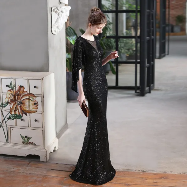 Sparkly Black Sequins Evening Dresses 2022 Trumpet / Mermaid Scoop Neck 1/2 Sleeves Floor-Length / Long Evening Party Formal Dresses