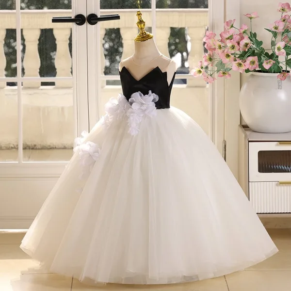 Chic / Beautiful Ivory Appliques Birthday Flower Girl Dresses 2025 Ball Gown Scoop Neck Sleeveless Backless Floor-Length / Long