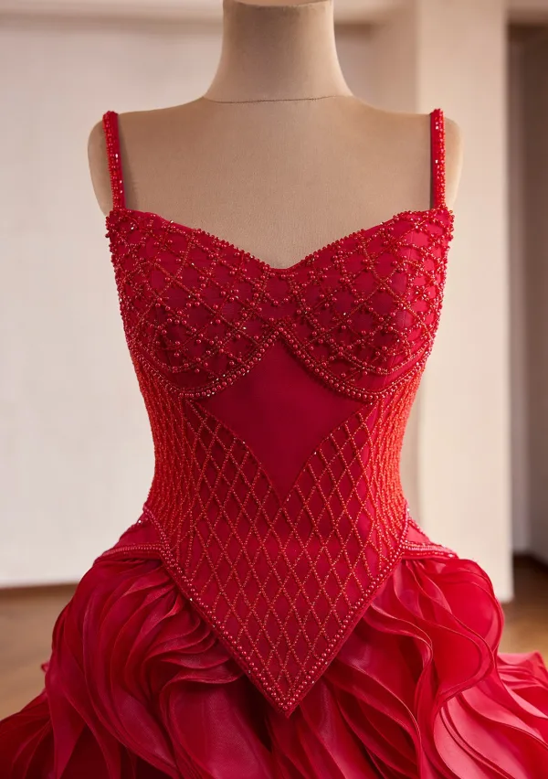 Mode Burgunderrot Perlenstickerei Fallende Rüsche Ballkleider 2026 Ballkleid Spaghettiträger Ärmellos Rückenfreies Sweep / Pinsel Zug Festliche Kleider