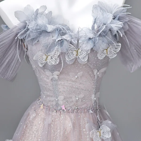 Bling Bling Lavande En Dentelle Papillon Appliques Paillettes Robe De Soirée 2026 Princesse De l'épaule Manches Courtes Dos Nu Longue Robe De Ceremonie