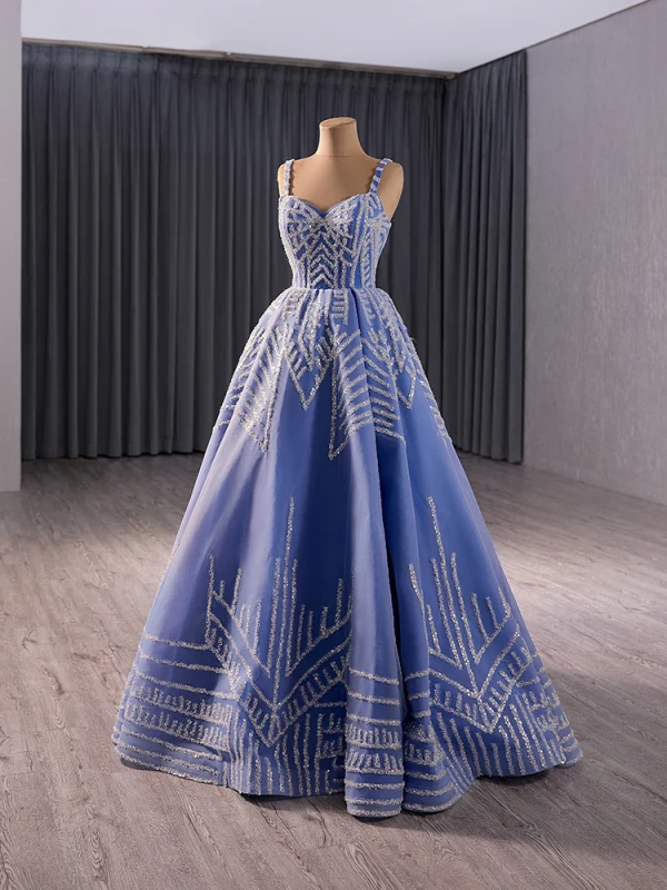 High-end Pool Blue Sequins Prom Dresses 2024 A-Line / Princess Spaghetti Straps Sleeveless Backless Floor-Length / Long Prom Formal Dresses