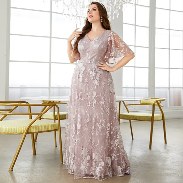 Chic / Beautiful Blushing Pink Lace Flower Plus Size Evening Dresses 2025 A-Line / Princess V-Neck Short Sleeve Backless Evening Party Floor-Length / Long Formal Dresses Chic / Beautiful Blushing Pink Lace Flower Plus Size Evening Dresses 2025 A-Line / Princess V-Neck Short Sleeve Backless Evening Party Floor-Length / Long Formal Dresses