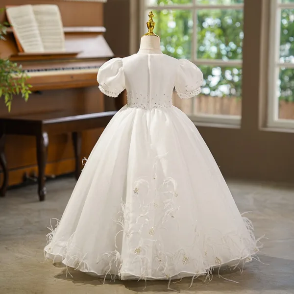 Elegant White Sequins Tassel Birthday Flower Girl Dresses 2025 Ball Gown Scoop Neck Puffy Short Sleeve Floor-Length / Long