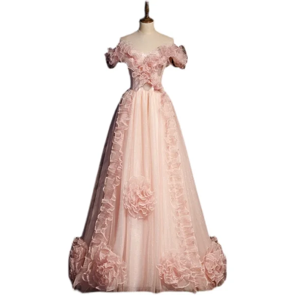 Classy Pearl Pink Pearl Sequins Prom Dresses 2022 A-Line / Princess Off-The-Shoulder Ruffle Flower Short Sleeve Backless Floor-Length / Long Prom Formal Dresses