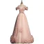 Classy Pearl Pink Pearl Sequins Prom Dresses 2022 A-Line / Princess Off-The-Shoulder Ruffle Flower Short Sleeve Backless Floor-Length / Long Prom Formal Dresses