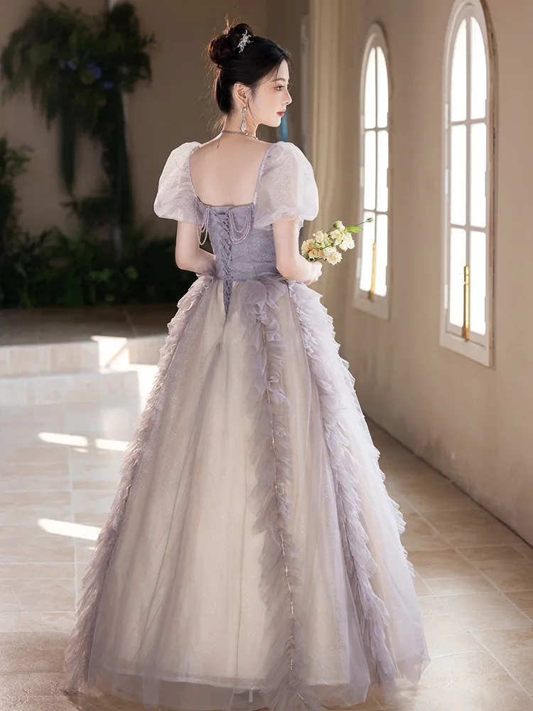 Grey Puffy Dress Elegant Grey Beading Prom Dresses 2025 A-Line Princess  Square