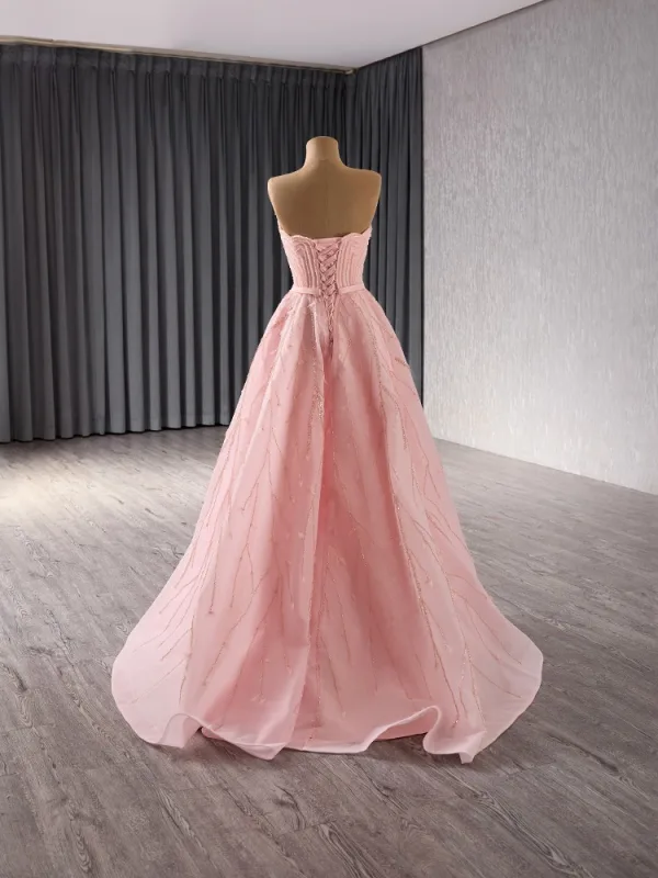 High End Rosa Handgefertigt Perlenstickerei Pailletten Ballkleider 2024 Ballkleid Bandeau Ärmellos Rückenfreies Lange Ball Festliche Kleider