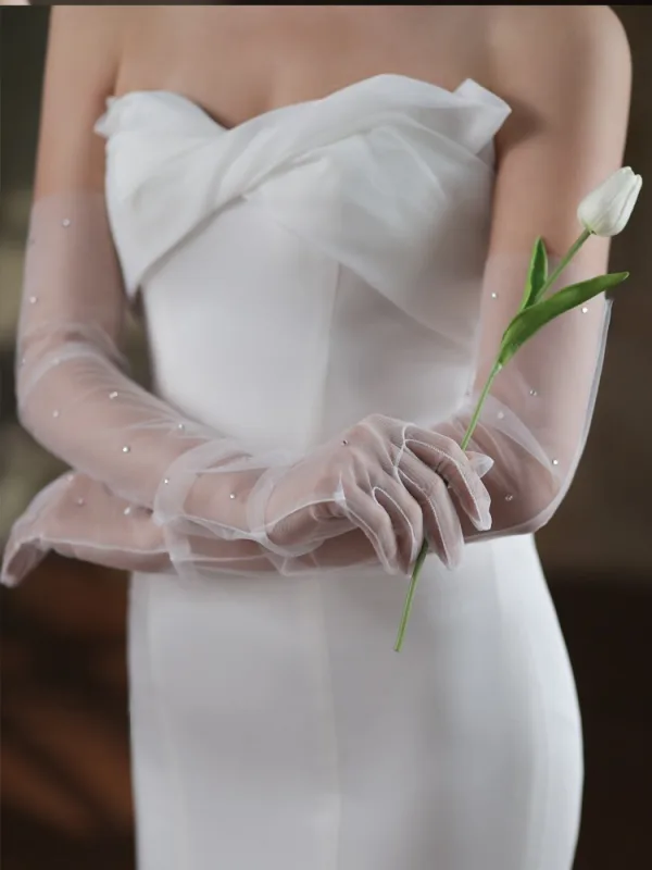 Élégant Blanche Fait main Faux Diamant Mariage Gants Mariage 2025 Tulle