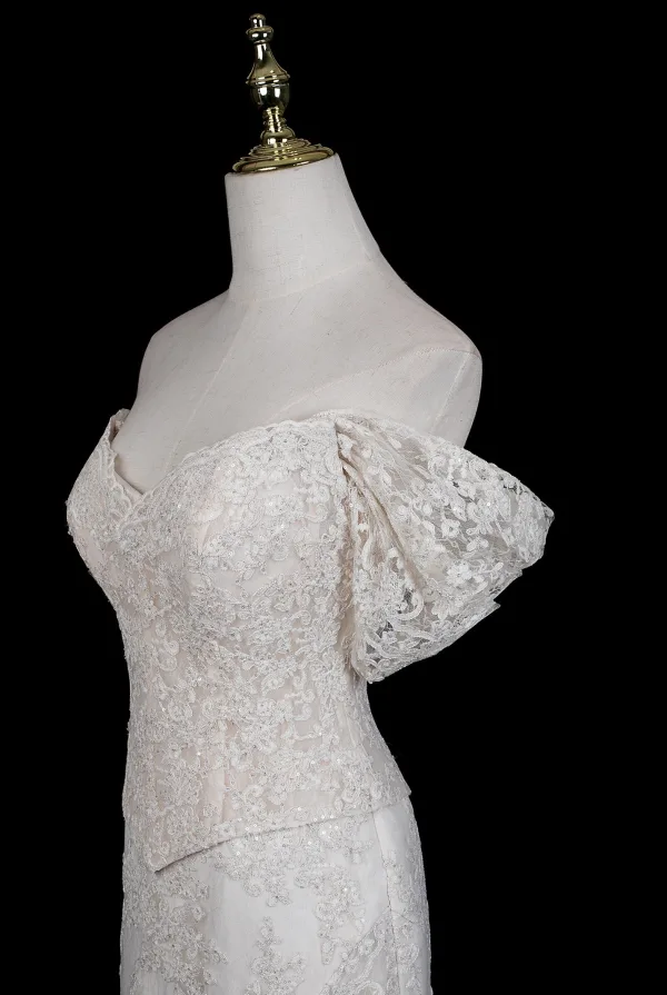 High End Weiß Perlenstickerei Spitze Blumen Korsett Brautkleider / Hochzeitskleider 2026 Meerjungfrau Off Shoulder Kurze Ärmel Rückenfreies Sweep / Pinsel Zug