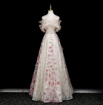Fée Des Fleurs Scintillantes Champagne Appliques Paillettes Robe De Bal 2025 Princesse De L Épaule Manches Courtes Dos Nu Longue Robe De Ceremonie