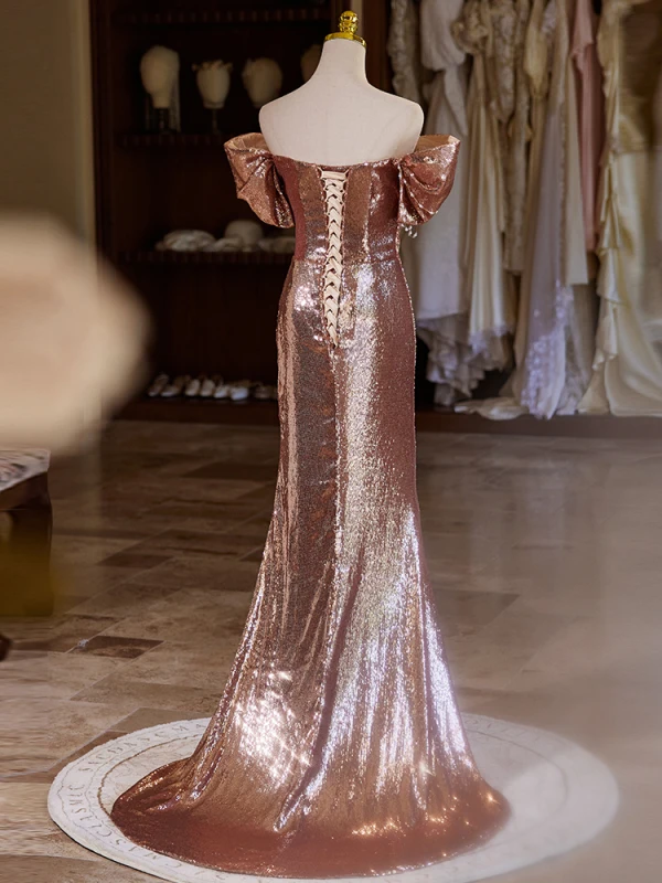 Sexy Scintillantes Or Rose Paillettes Perlage Perle Robe De Soirée 2024 Trompette / Sirène De l'épaule Manches Courtes Dos Nu Fendue devant Longue Robe De Ceremonie