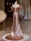 Sexy Scintillantes Or Rose Paillettes Perlage Perle Robe De Soirée 2024 Trompette / Sirène De l'épaule Manches Courtes Dos Nu Fendue devant Longue Robe De Ceremonie