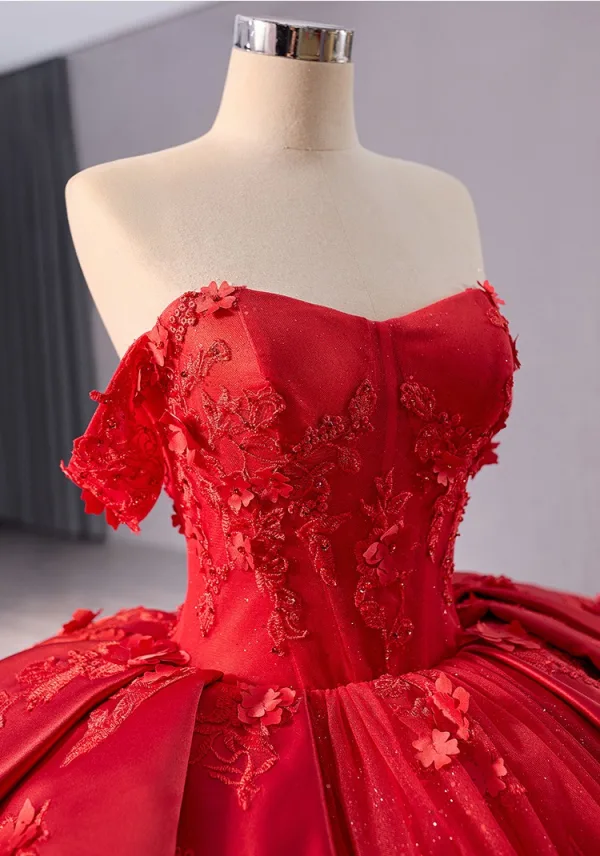 High-end Red Sequins Lace Flower Appliques Chapel Train Wedding Dresses 2024 Ball Gown Strapless Sleeveless Backless Wedding