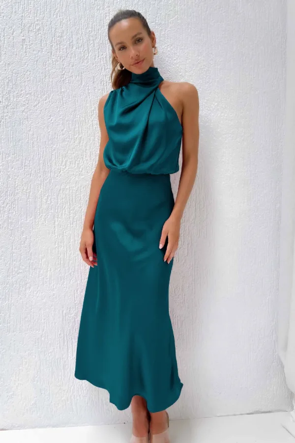 Fashion Beige Street Wear Holiday Women Dresses 2023 High Neck Tea-length Womens Clothing