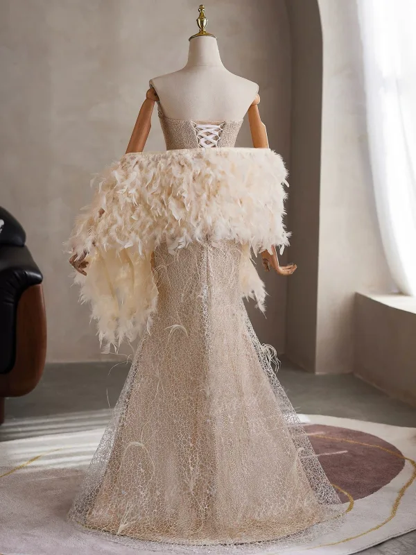 Sexy Champagne Perlage Faux Diamant Paillettes Plumes Robe De Soirée 2026 Trompette / Sirène Bustier Sans Manches Dos Nu Longue Soirée Robe De Ceremonie