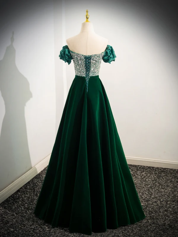Elegant Dark Green Beading Pearl Sequins Velvet Prom Dresses 2024 A-Line / Princess Off-The-Shoulder Backless Floor-Length / Long Prom Short Sleeve Formal Dresses