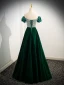 Elegant Dark Green Beading Pearl Sequins Velvet Prom Dresses 2024 A-Line / Princess Off-The-Shoulder Backless Floor-Length / Long Prom Short Sleeve Formal Dresses