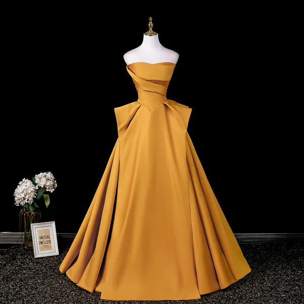 Vintage / Retro Yellow Prom Dresses 2026 Ball Gown Strapless Sleeveless  Backless Floor-Length / Long Formal Dresses