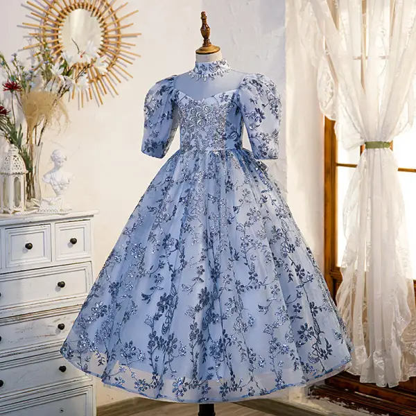 Chic / Beautiful Sky Blue Glitter Sequins Beading Rhinestone Lace Flower Birthday Flower Girl Dresses 2022 A-Line / Princess High Neck Short Sleeve Backless Floor-Length / Long Flower Girl Dresses