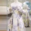 Chic / Beautiful Lavender Printing Prom Dresses 2025 A-Line / Princess Off-The-Shoulder Short Sleeve Backless Floor-Length / Long Prom Formal Dresses
