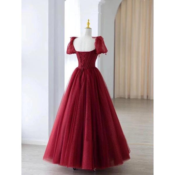 Chic / Beautiful Burgundy Beading Sequins Prom Dresses 2023 A-Line / Princess Square Neckline Short Sleeve Backless Floor-Length / Long Prom Formal Dresses