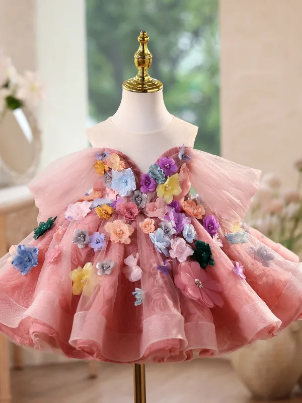 Flower Fairy Candy Pink Pearl Appliques Short Birthday Flower Girl Dresses 2025 Ball Gown Off-The-Shoulder Short Sleeve Backless Bow Tulle