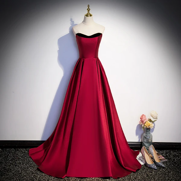 Elegant Burgundy Satin Prom Dresses A-Line / Princess 2023 Strapless Short Sleeve Backless Floor-Length / Long Prom Formal Dresses