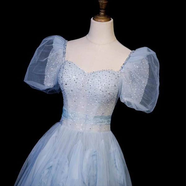 Elegant Sky Blue Sequins Prom Dresses 2023 A-Line / Princess Square Neckline Puffy Short Sleeve Backless Floor-Length / Long Prom Formal Dresses