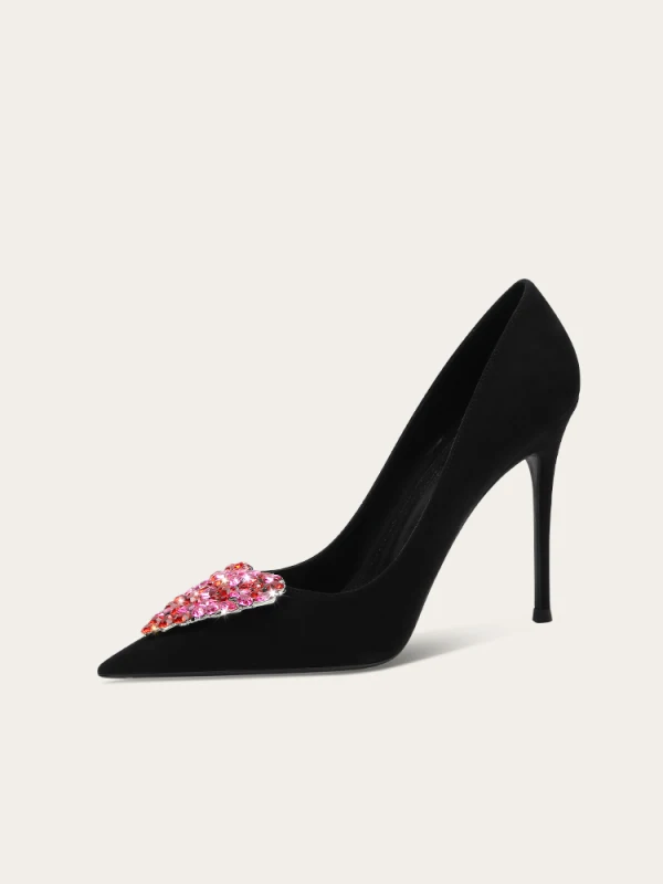 Mode Noire Forme de coeur Faux Diamant Promo Escarpins 2024 Cuir 10 cm Talons Aiguilles À Bout Pointu Escarpins